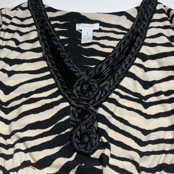 CHICO’S Zebra Print Sleeveless Maxi Dress Vee Neckline Beading Detail US Sz M - Picture 8 of 10